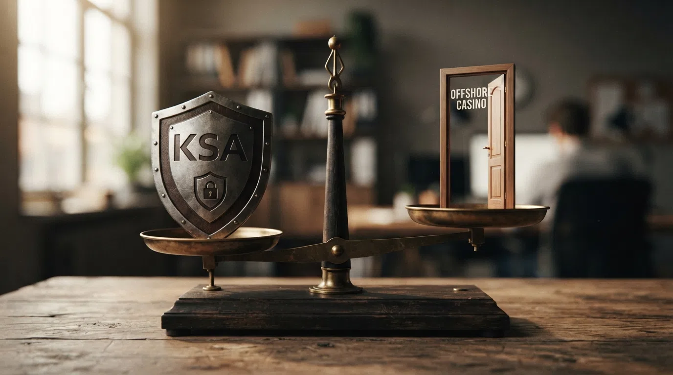 Een weegschaal met aan de ene kant een schild met 'KSA-toezicht' en aan de andere kant een open deur zonder slot — de schaal slaat door naar de onbeschermde kant