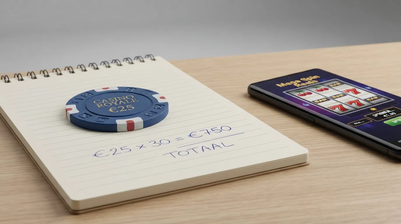 Een close-up van een notitieblok met een rekensom: “€25 × 30 = €750” naast een smartphone met een casinospel in beeld.