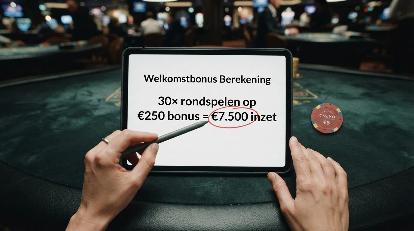 Een vereenvoudigd rekenvoorbeeld van 30× rondspeelvoorwaarden op een bonus van 250 euro, met een rode cirkel om het eindbedrag van 7.500 euro