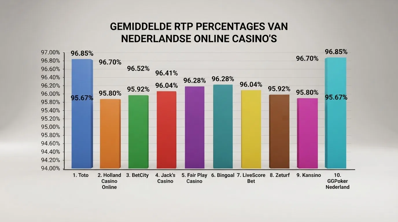 Tien Nederlandse online casino's in een staafdiagram gerangschikt op gemiddeld uitbetalingspercentage, met Kansino en 711 bovenaan