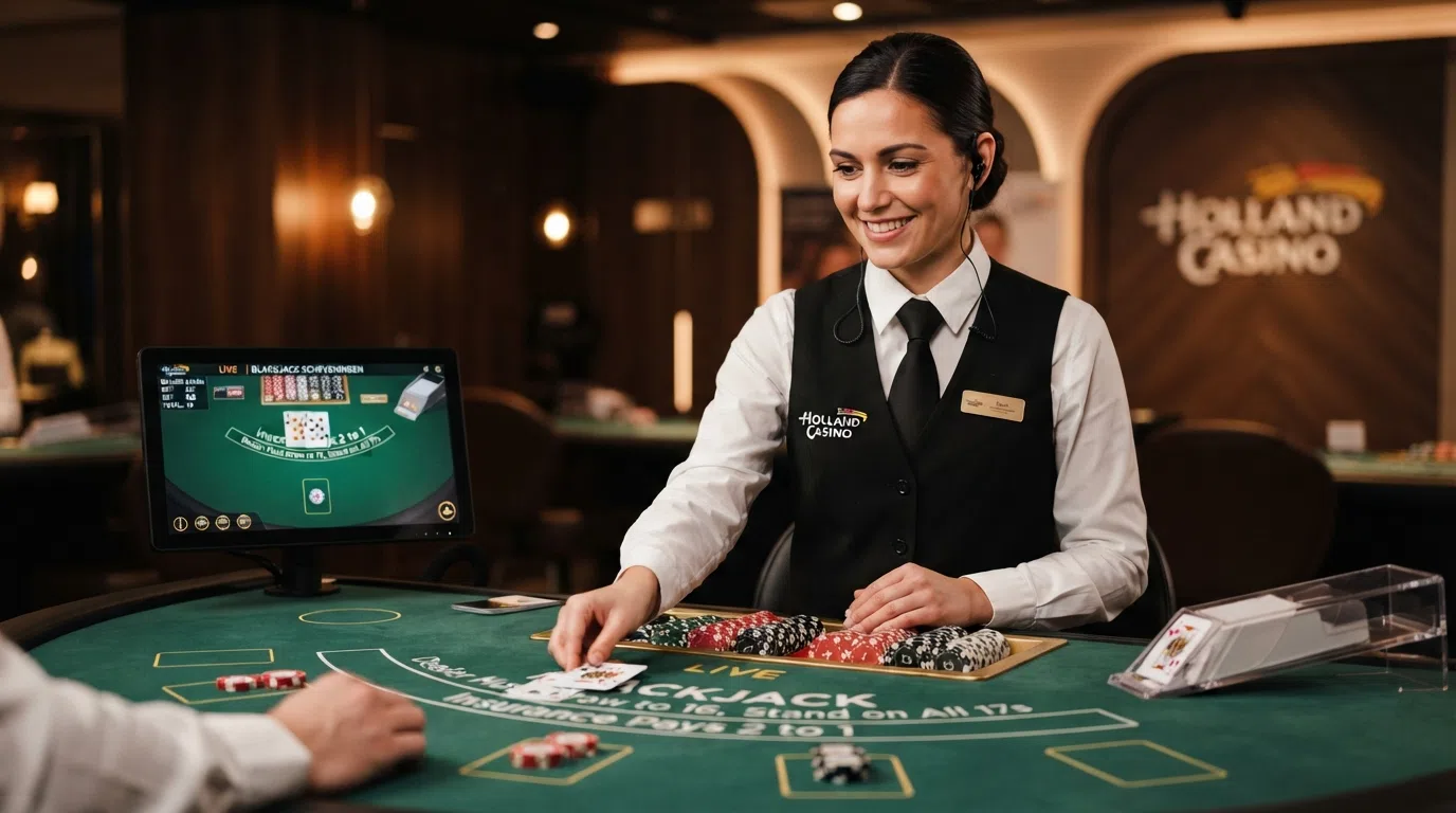 Een live dealer aan een blackjacktafel in de Holland Casino studio in Scheveningen, met het Holland Casino logo op de achtergrond
