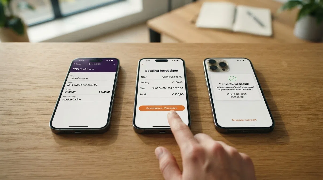 Een visuele tijdlijn die het proces van bankoverschrijving storting toont: van bank-app → SEPA-credittransfer → verwerking door casino (3-5 werkdagen) → bijschrijving op casinosaldo → uitbetaling naar tegenrekening.