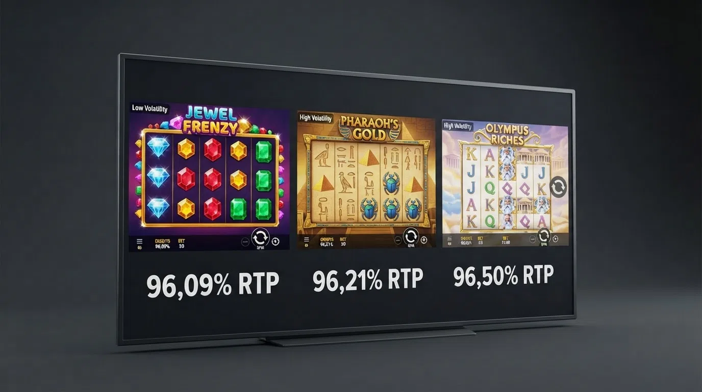 De drie populairste bonusslots — Starburst, Book of Dead en Gates of Olympus — naast elkaar op een scherm met hun RTP-percentages