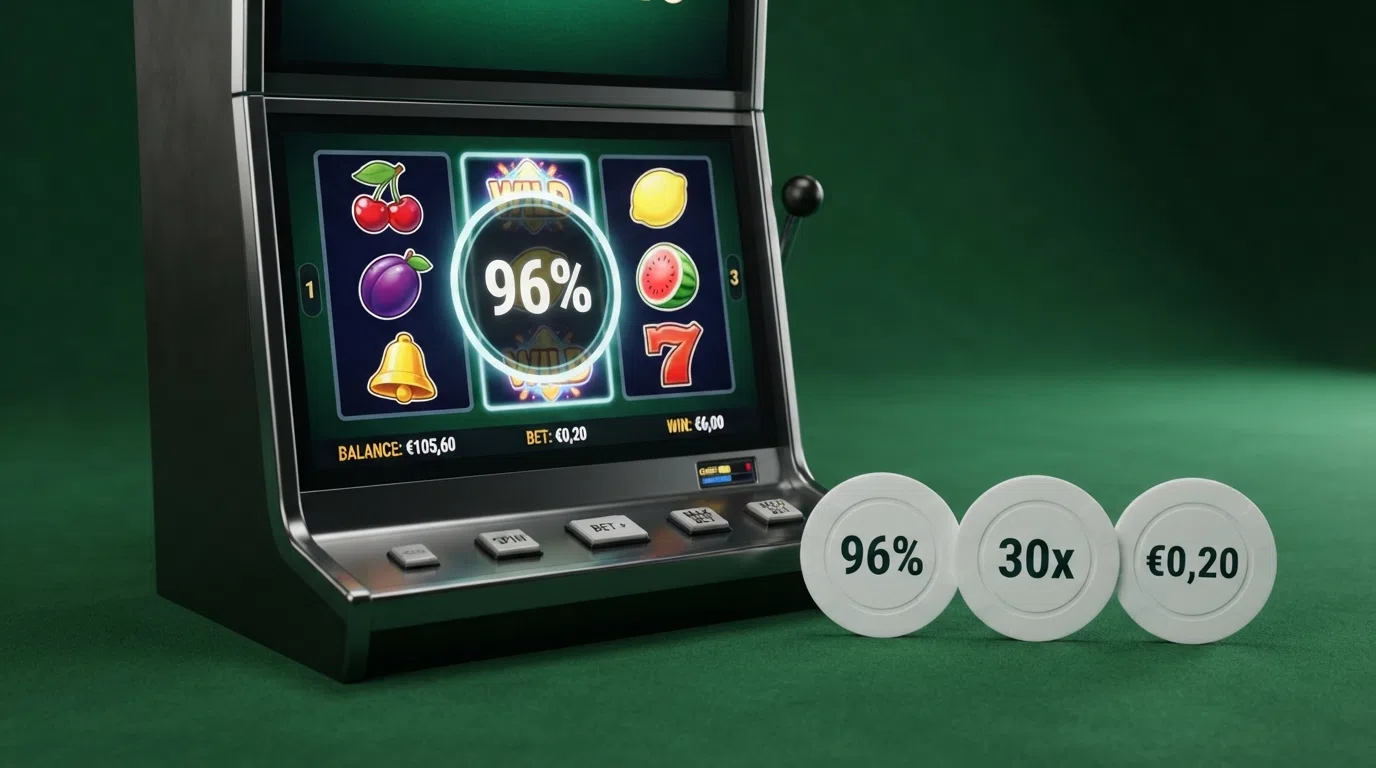 Een screenshot van een gokkast met het RTP-percentage uitgelicht in een cirkel, naast drie fiches met daarop “96%”, “30x” en “€0,20”.