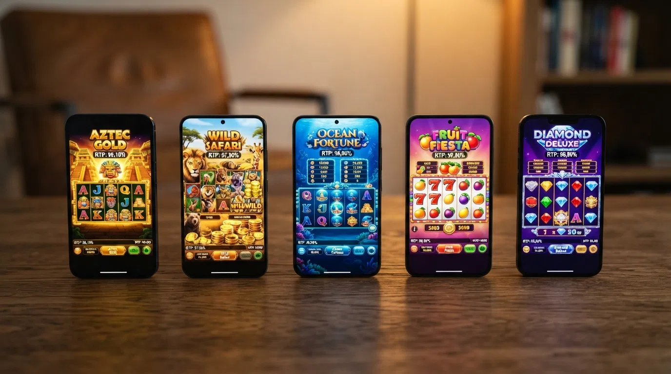 Vijf populaire online gokkasten naast elkaar — Book of Dead, Starburst, Gates of Olympus, Sweet Bonanza en Book of 99 — met hun RTP-percentages boven de rollen