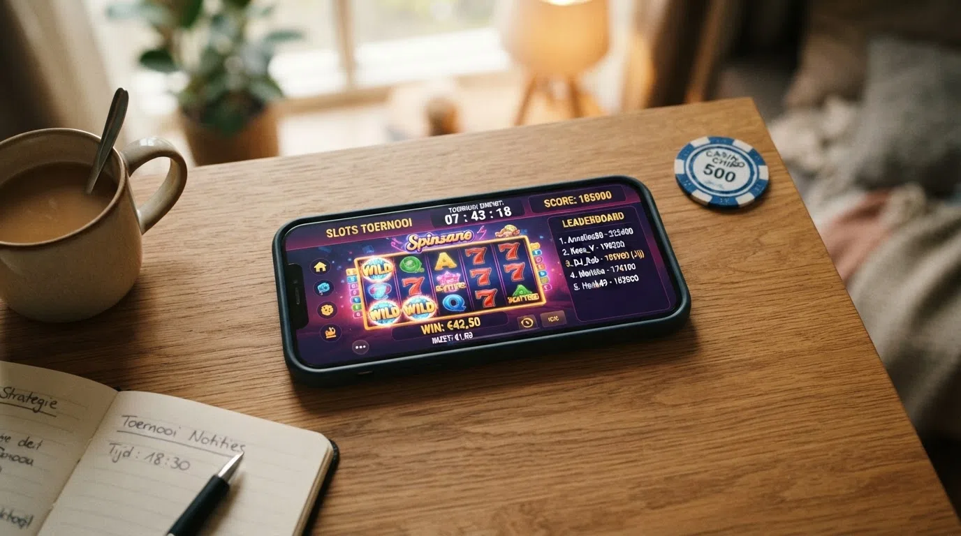 Een smartphone met een slots-toernooi-scherm: het spel in het midden, de ranglijst rechts en de resterende toernooitijd bovenaan