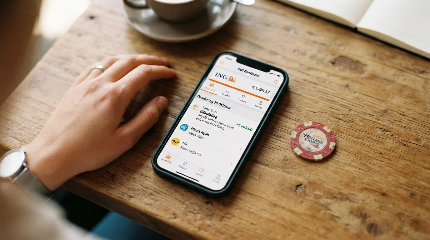 Een Nederlands bankafschrift op een telefoonscherm met een bijschrijving van een goksite-uitbetaling, naast het iDEAL-betaallogo