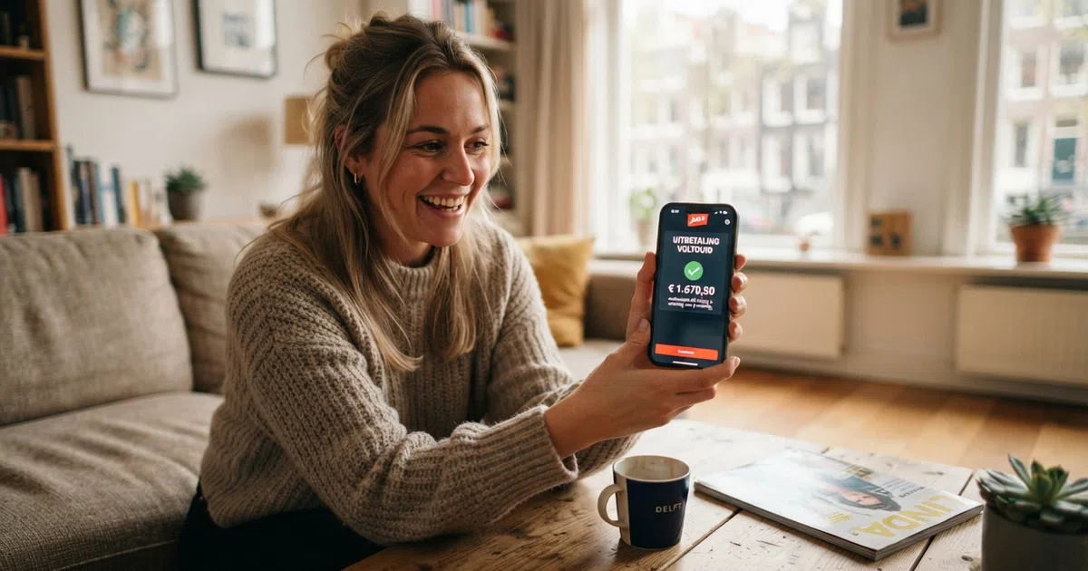 Een Nederlandse speler kijkt naar zijn telefoon met een casino-app open, terwijl op het scherm een uitbetalingsbevestiging zichtbaar is