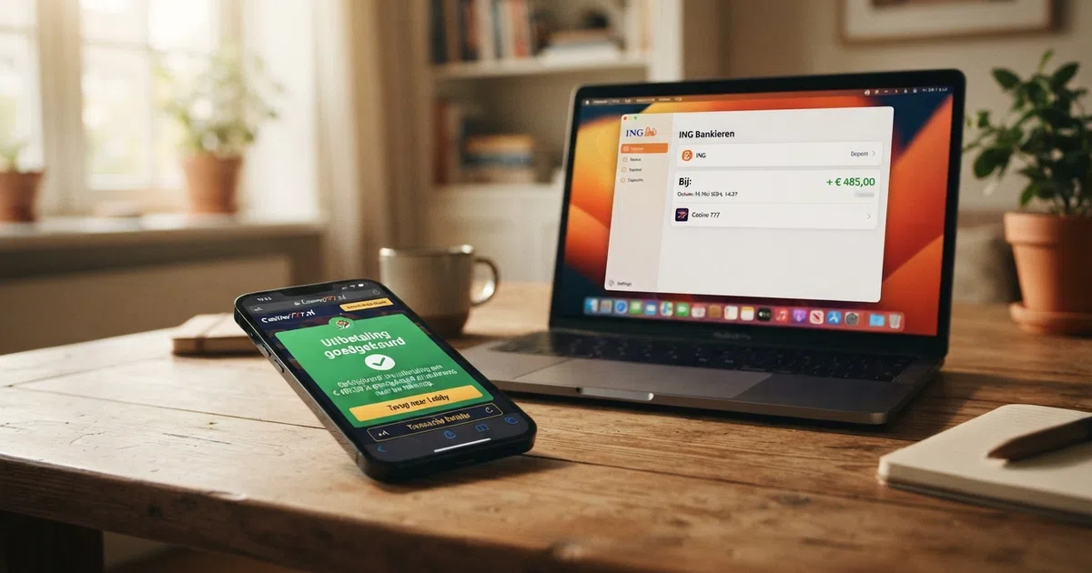 Een smartphone met een Nederlandse online casino-interface die een goedgekeurde uitbetaling toont, met een bankapp op de achtergrond die een bijschrijving laat zien.