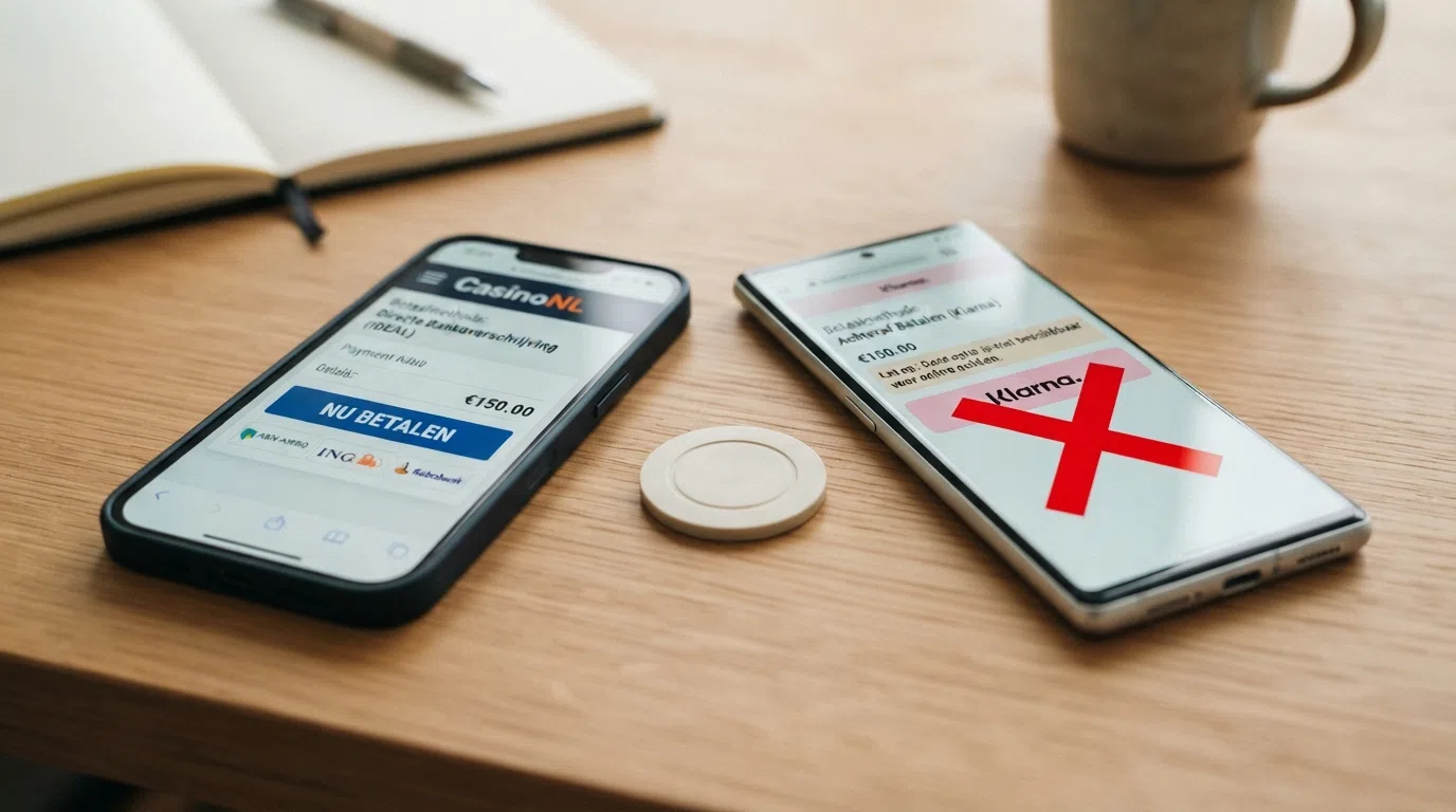 Twee betaalschermen naast elkaar: links Sofort (directe bankbetaling, “nu betalen”) en rechts Klarna “Betaal later” (BNPL, “binnen 14 dagen betalen”) met een rood kruis door de Klarna-optie