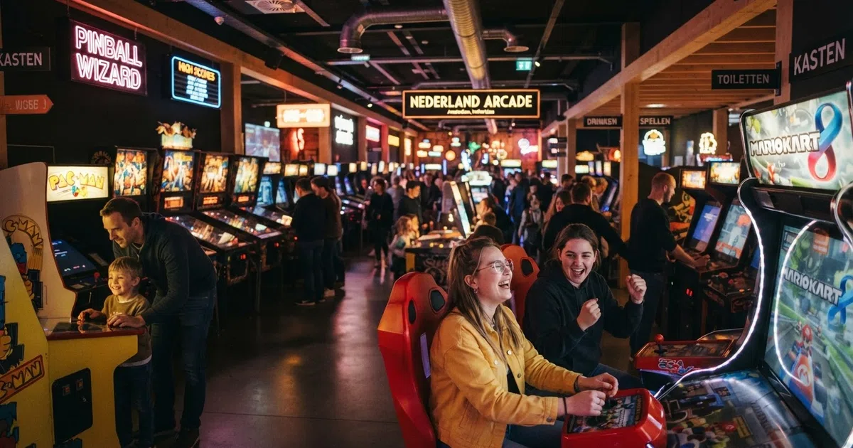 Een grote, felverlichte speelhal met rijen arcadeautomaten, flipperkasten, racegames en bezoekers van verschillende leeftijden die aan het spelen zijn