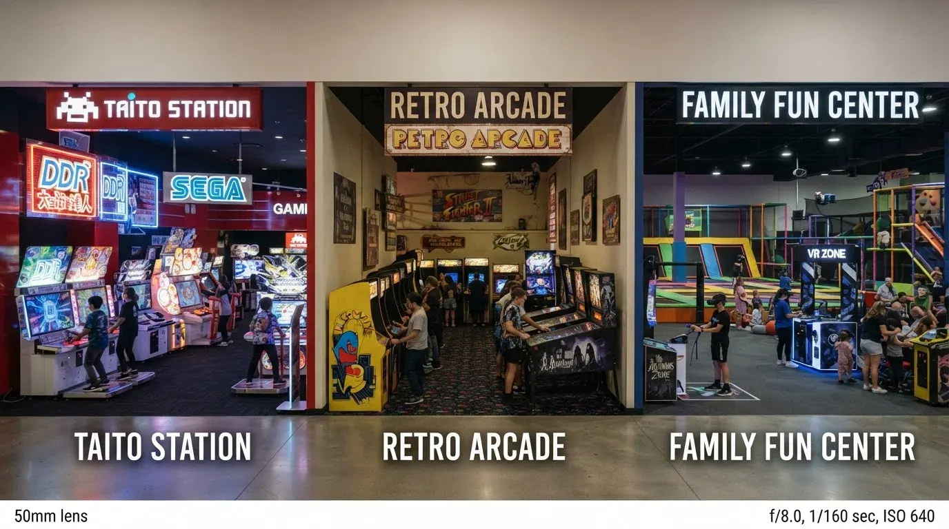 Een overzichtelijke rij van verschillende speelhalinterieurs — van de Japanse arcade van Akiba District tot de klassieke kasten van het Nationaal Videogame Museum