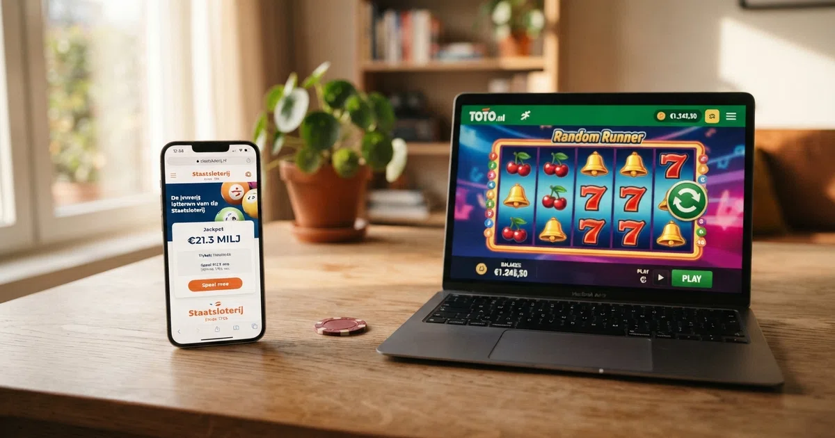 Een smartphone en een laptop tonen naast elkaar de websites van de Staatsloterij (loterij-trekkingen) en TOTO Casino (slots en live casino) — het verschil tussen de twee producten van Nederlandse Loterij in één beeld