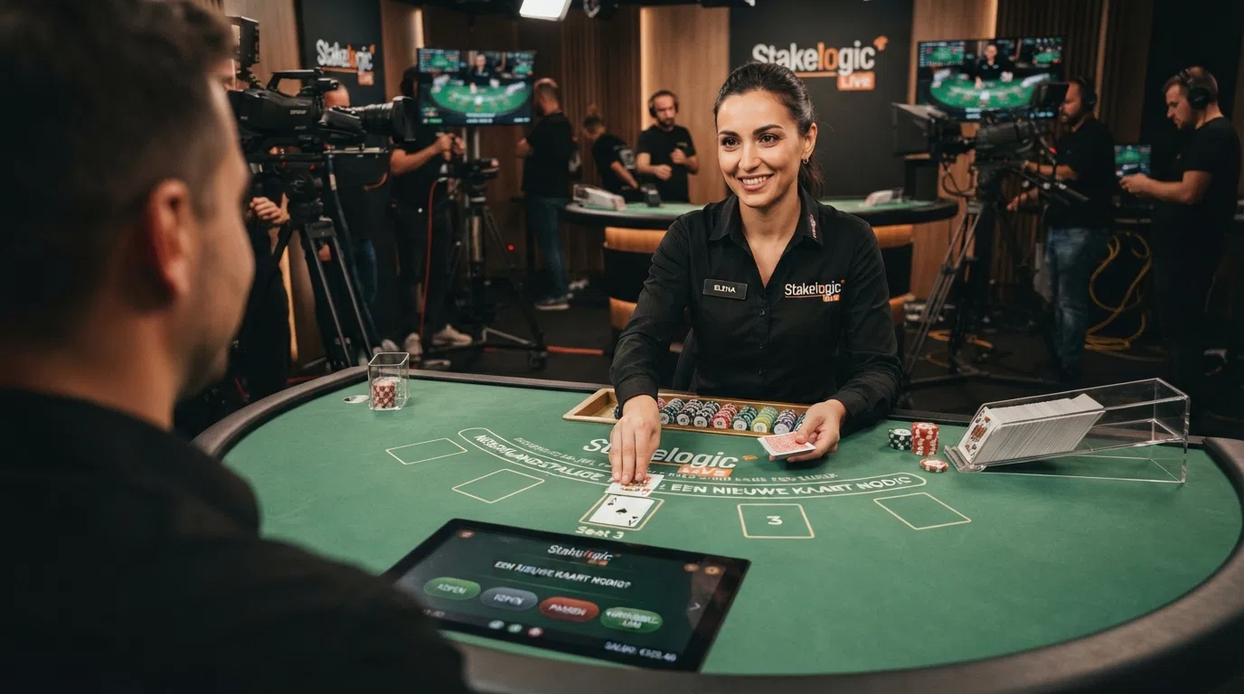 Een live blackjack-tafel van Stakelogic uitgezonden vanuit de Maltese studio, met een Nederlandstalige interface