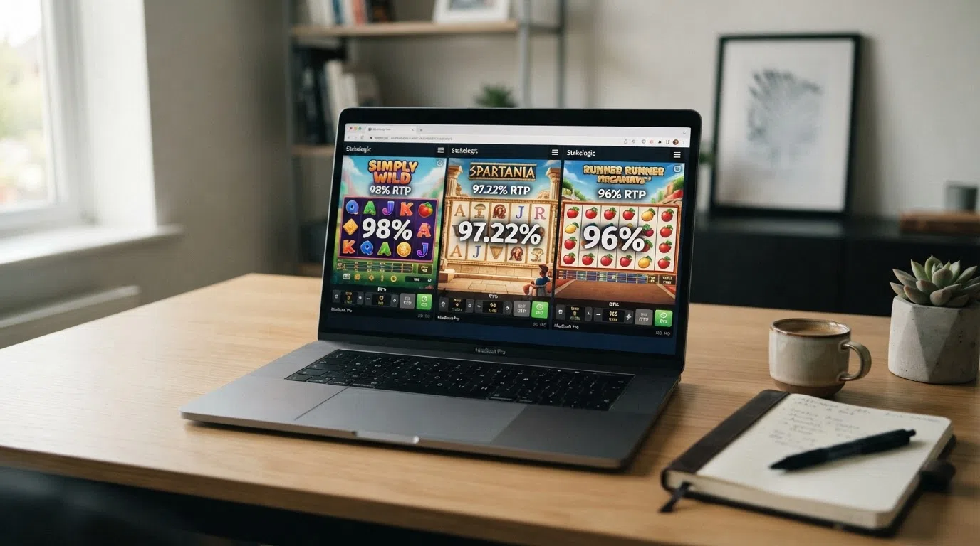 Drie Stakelogic gokkasten naast elkaar op een laptopscherm, met een RTP-percentage in beeld bij Simply Wild