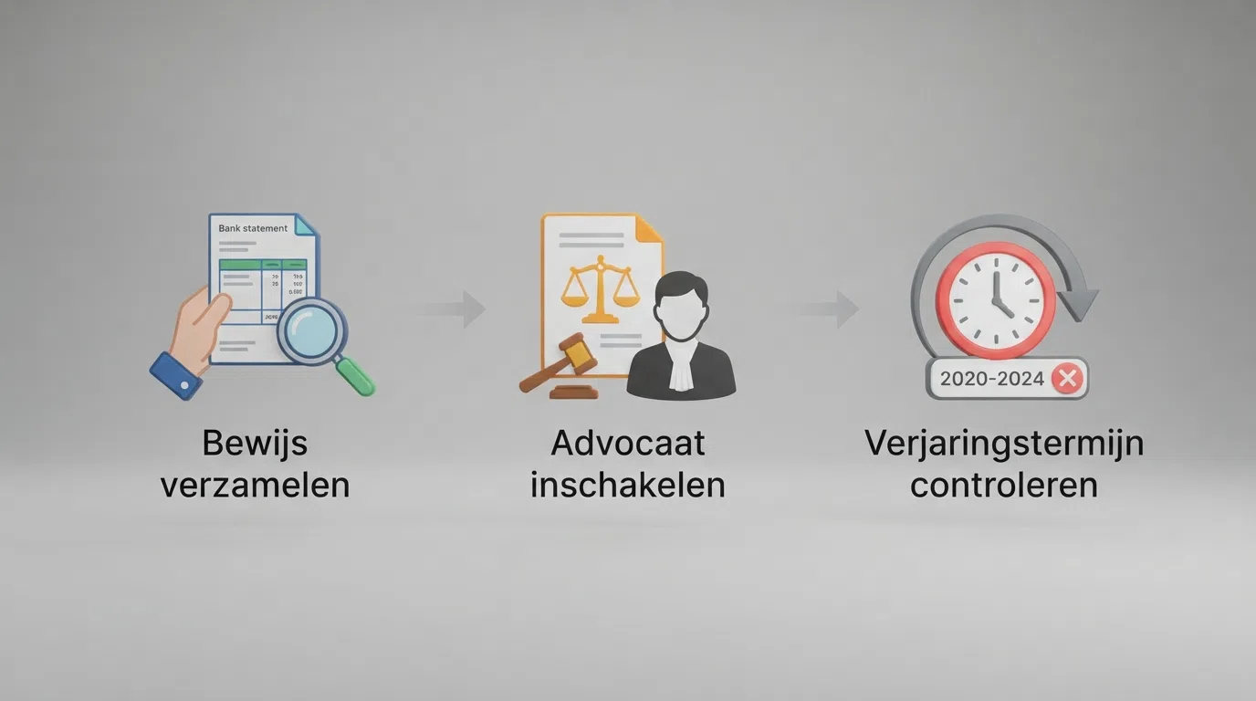 Een overzichtelijk stappenplan met pictogrammen voor bewijsverzameling, advocaatkeuze en verjaring