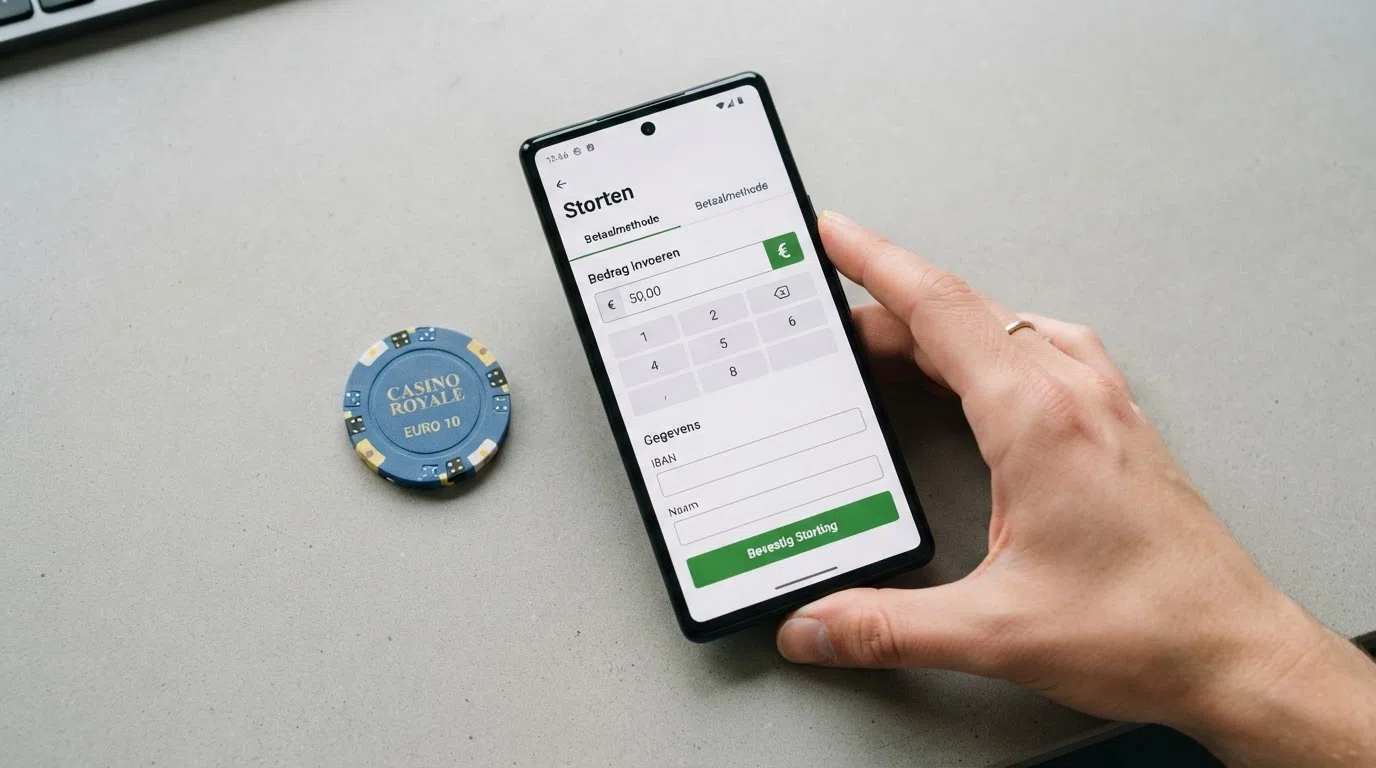 Een close-up van een creditcard en een smartphone met een casino-stortingsscherm waarop het bedrag en de kaartgegevens worden ingevuld