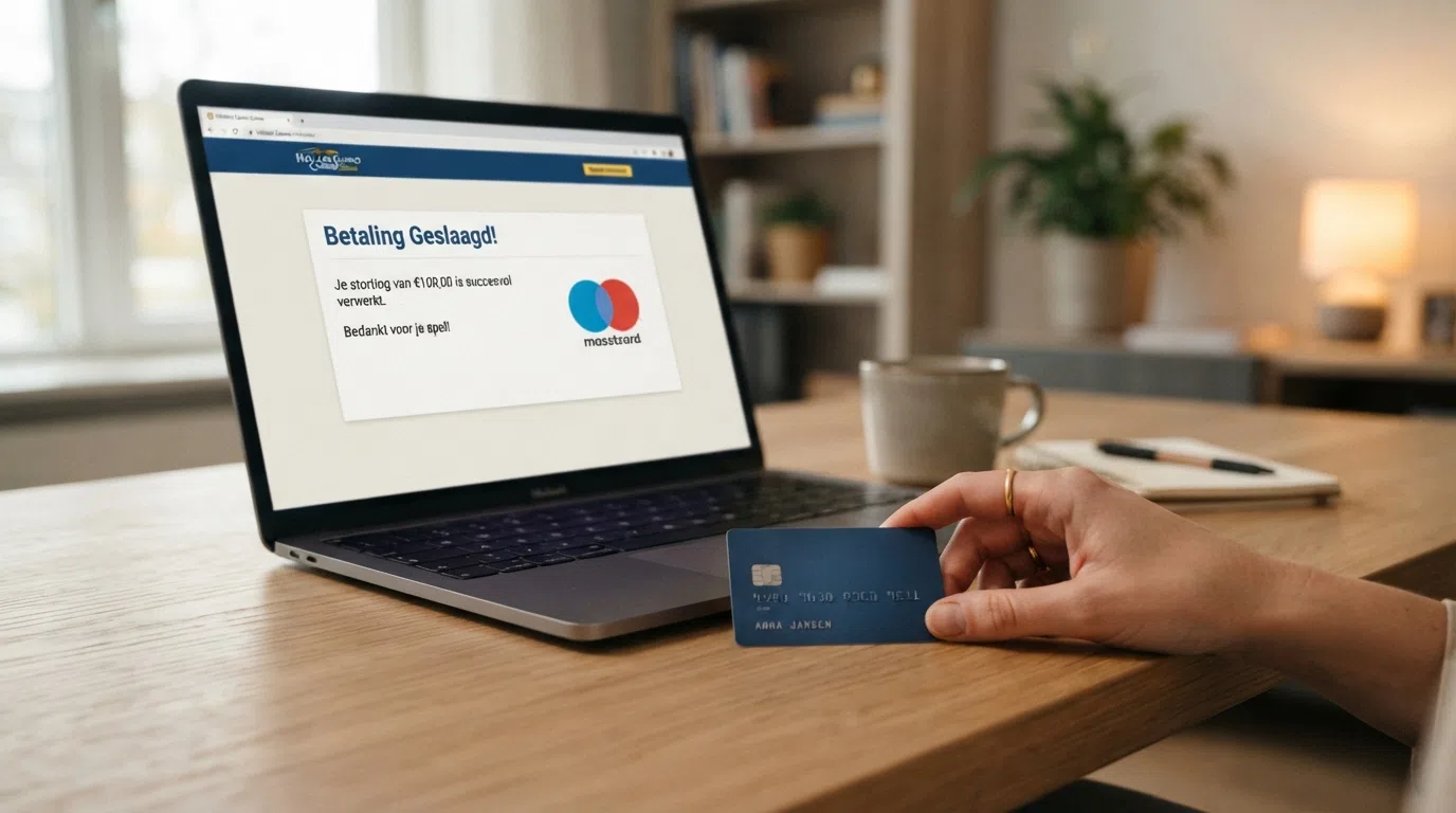 Een close-up van een creditcard naast een laptopscherm met een casino-stortingsbevestiging