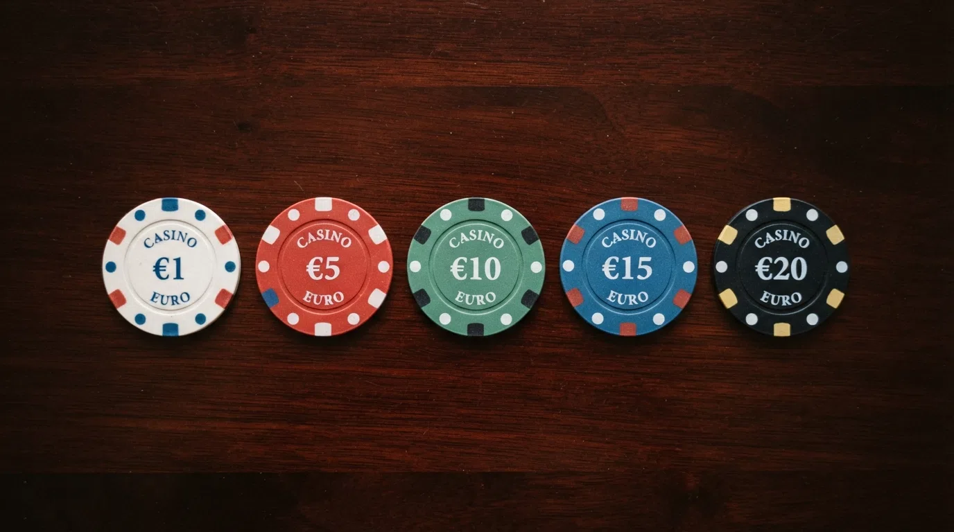 Vijf speelchips met de waarden 1, 5, 10, 15 en 20 euro op een casino-tafel