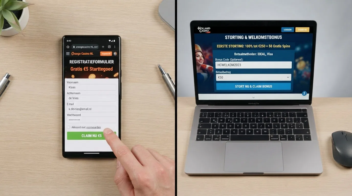 Een split-screen vergelijking van een stortingsvrij registratieformulier en een stortingspagina met bonuscode.