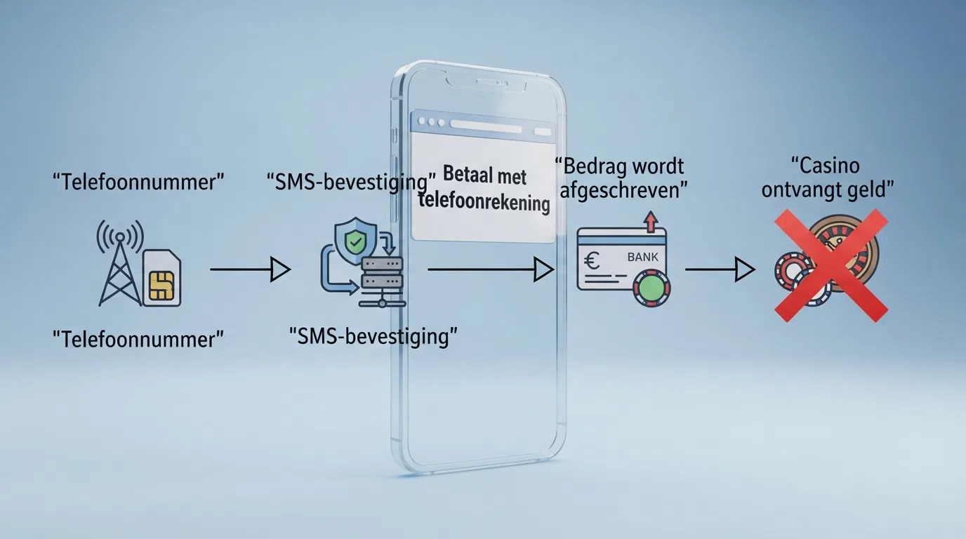 Een stroomschema van een Boku-transactie: telefoonnummer, sms-bevestiging, afschrijving op de factuur — met een duidelijk rood kruis door de stap 'casino ontvangt geld' voor het Nederlandse deel