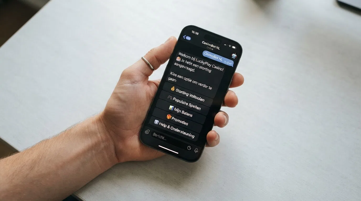 Een close-up van een Telegram-chatvenster waarin een casino-bot een stortingsverzoek en spellijst toont via inline-knoppen