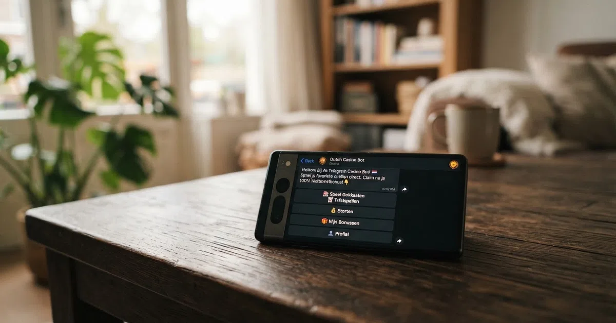 Een smartphone met de Telegram-app open, waarop een casino-bot een spellijst, stortingsopties en een welkomstbonus toont