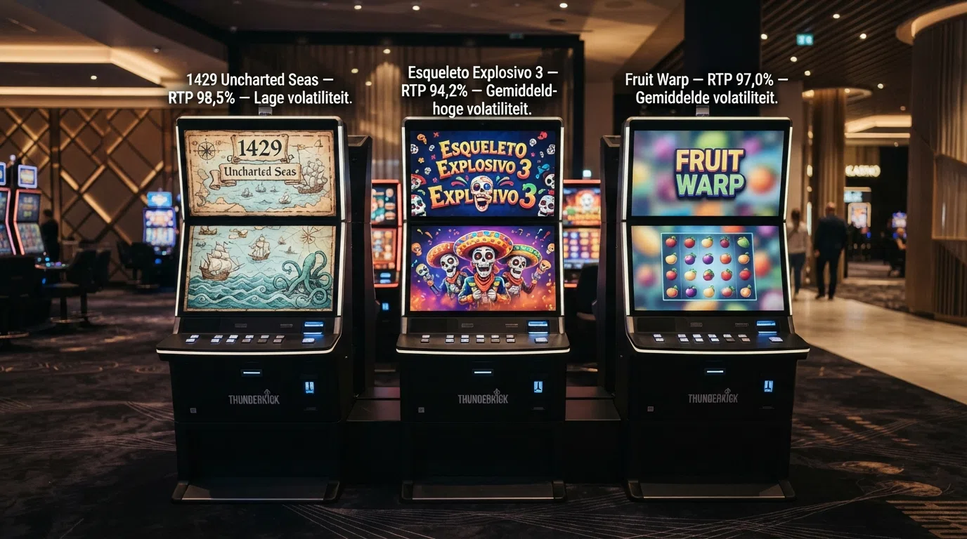 Een visuele vergelijking van drie Thunderkick-slots naast elkaar — 1429 Uncharted Seas, Esqueleto Explosivo 3 en Fruit Warp — met hun RTP-percentages en volatiliteit uitgelicht
