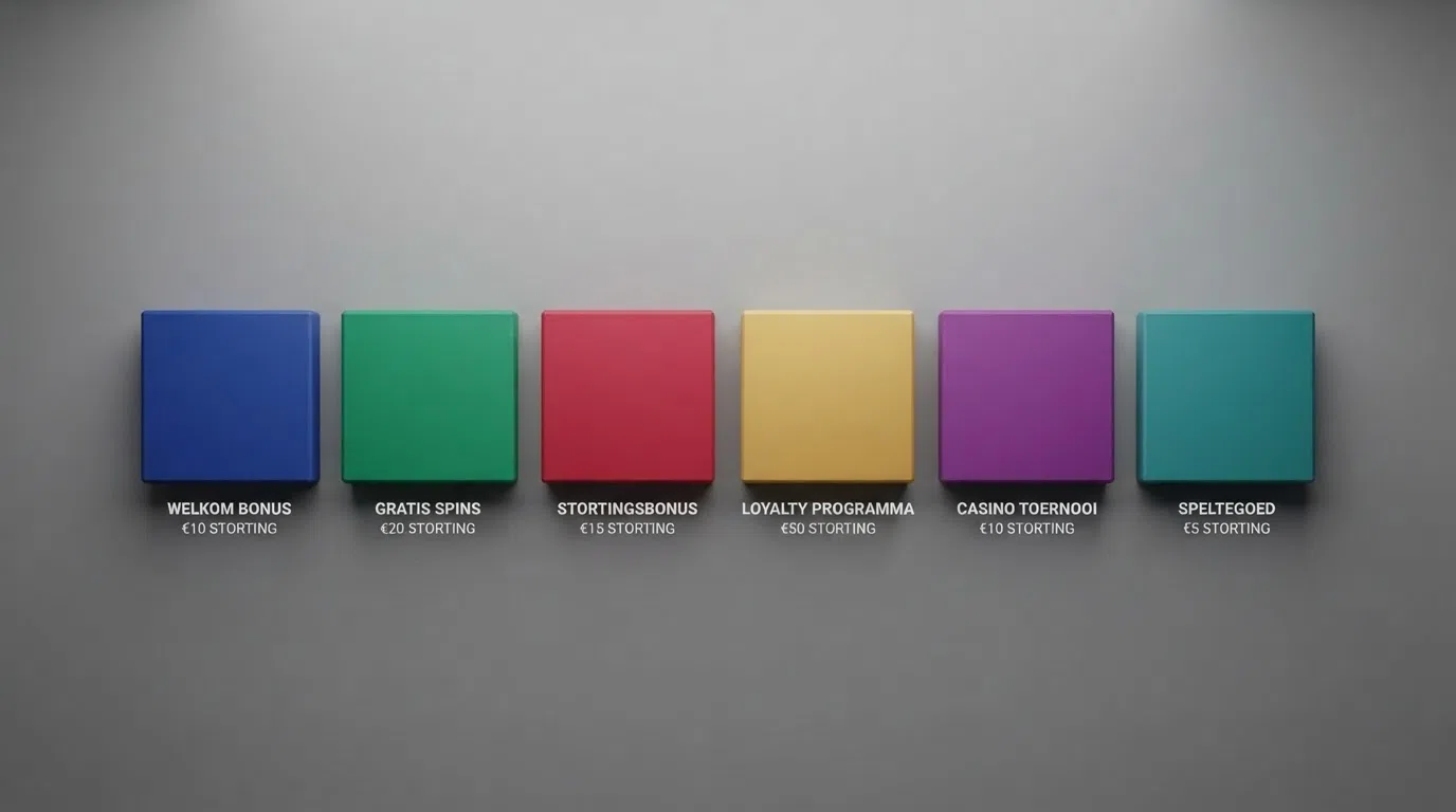 Een selectie van zes casino-logo's van Nederlandse aanbieders naast elkaar, met onder elk logo het type welkomstbonus en de minimale storting