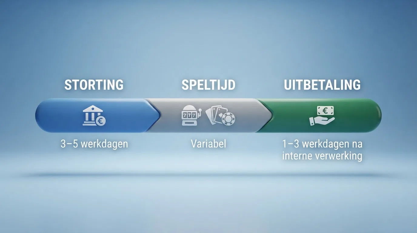 Een tijdlijn-visualisatie die de drie fasen toont: storting (3–5 werkdagen), speltijd (variabel), uitbetaling (1–3 werkdagen na interne verwerking door casino).