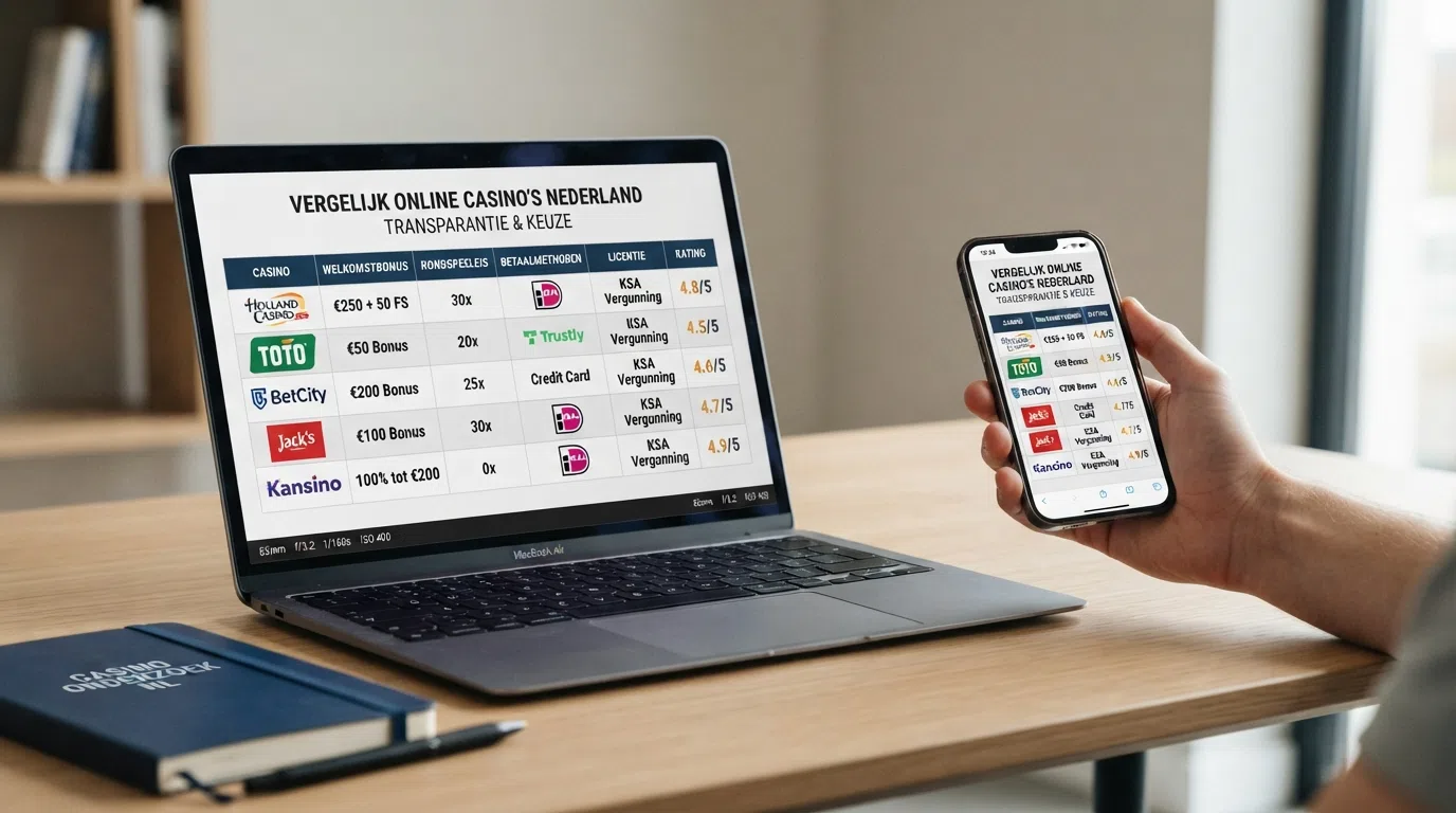 Tien Nederlandse casinologo's of -interfaces naast elkaar gerangschikt, met een vergelijkingslijst ernaast