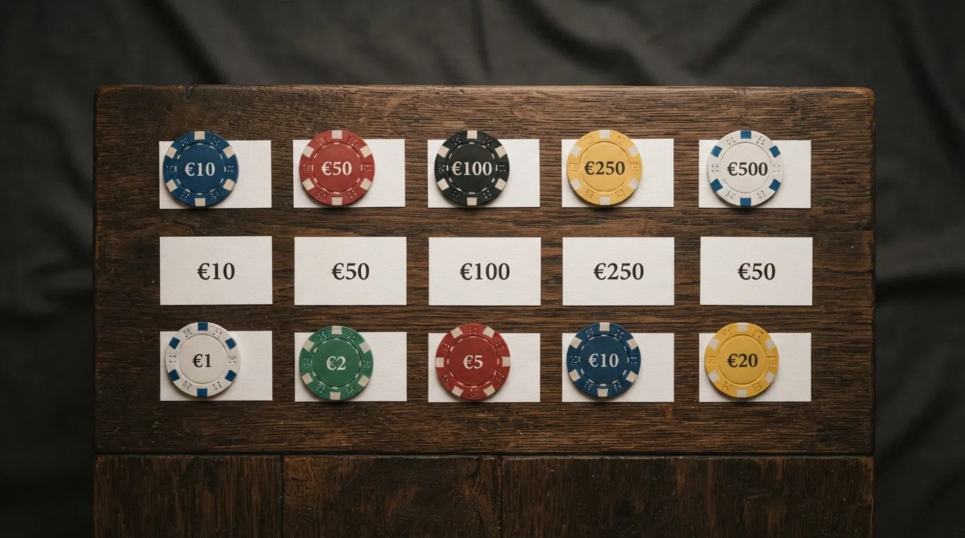 Tien casino-logo's gerangschikt in een raster met naast elk logo het bonusbedrag in euro's, oplopend van linksboven naar rechtsonder.