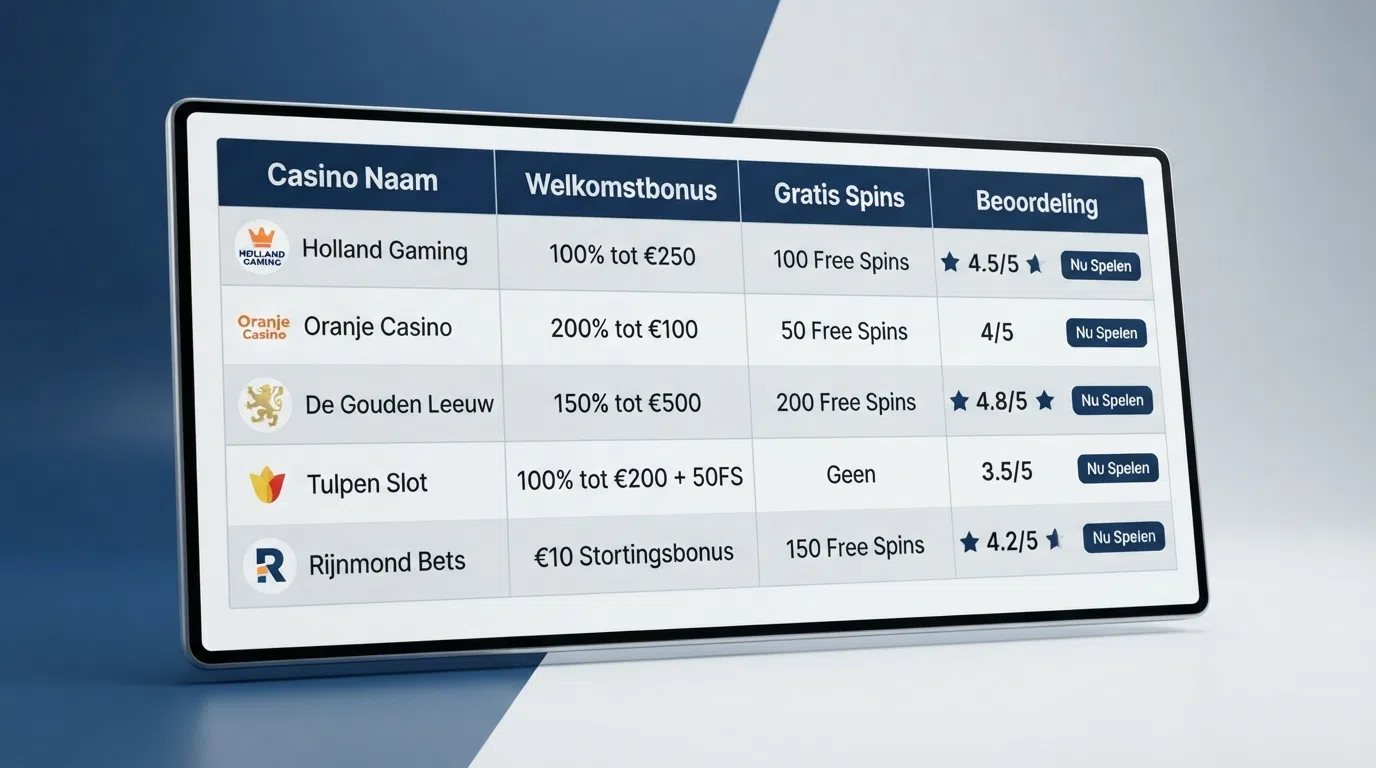Een overzichtelijke vergelijkingstabel van de tien beste casino's zonder Cruks, met bonusbedragen, free spins en licenties per aanbieder.