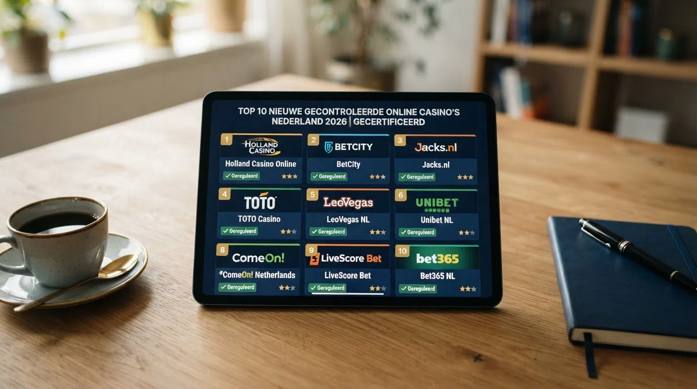Een gestileerd vergelijkingsscherm met de logo's van de tien featured operators in een rasteropstelling