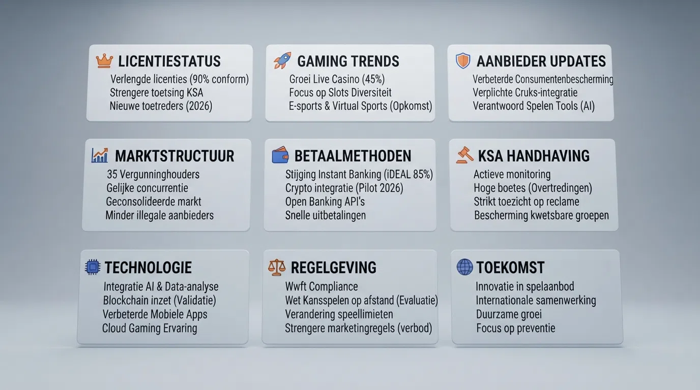 Een overzichtelijke vergelijking van kaarten met logo's, vergunningstatus en bonusinformatie van de tien beste nieuwste online casino's van Nederland in 2026