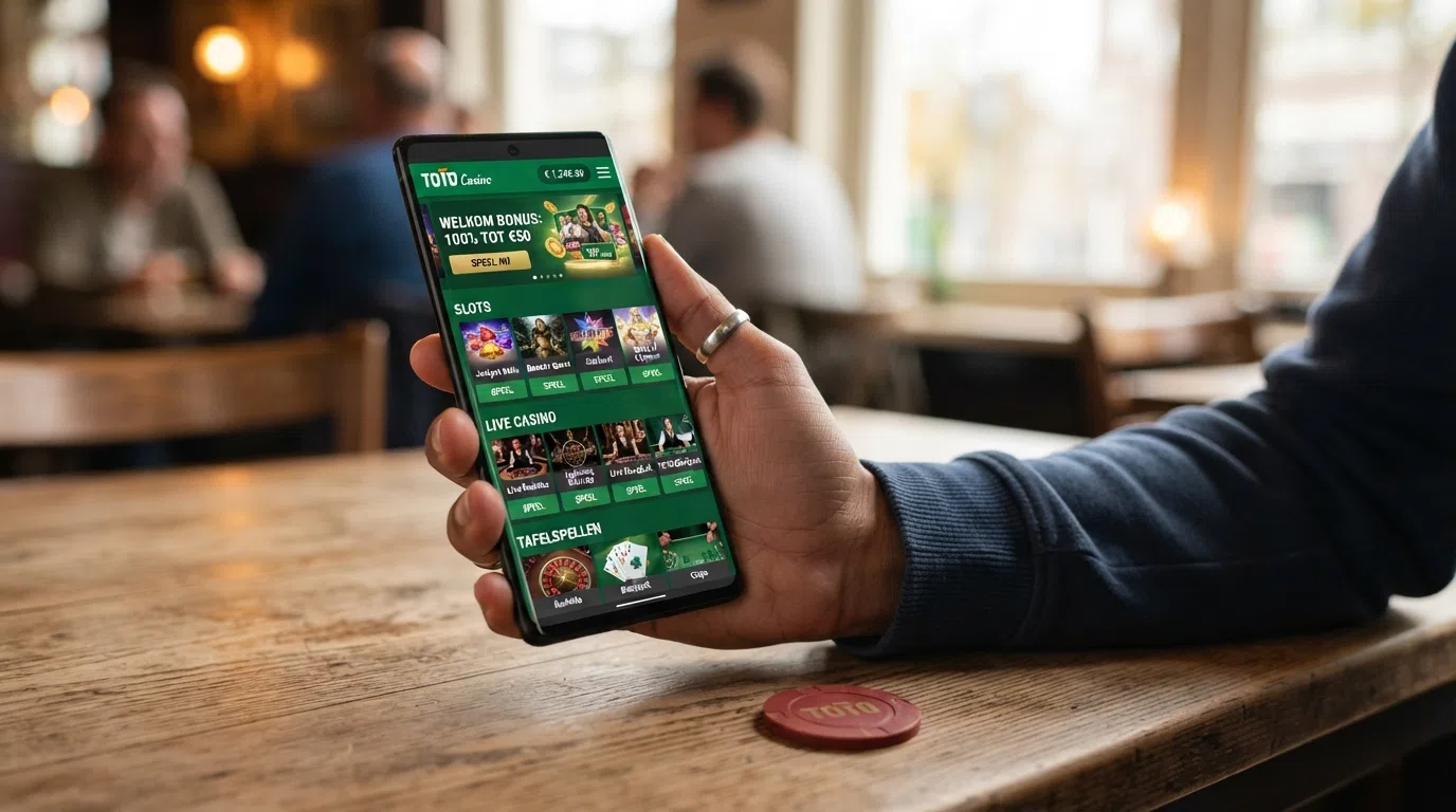 Een smartphone met het TOTO Casino-app-startscherm met slots, live casino en tafelspellen zichtbaar in de navigatie