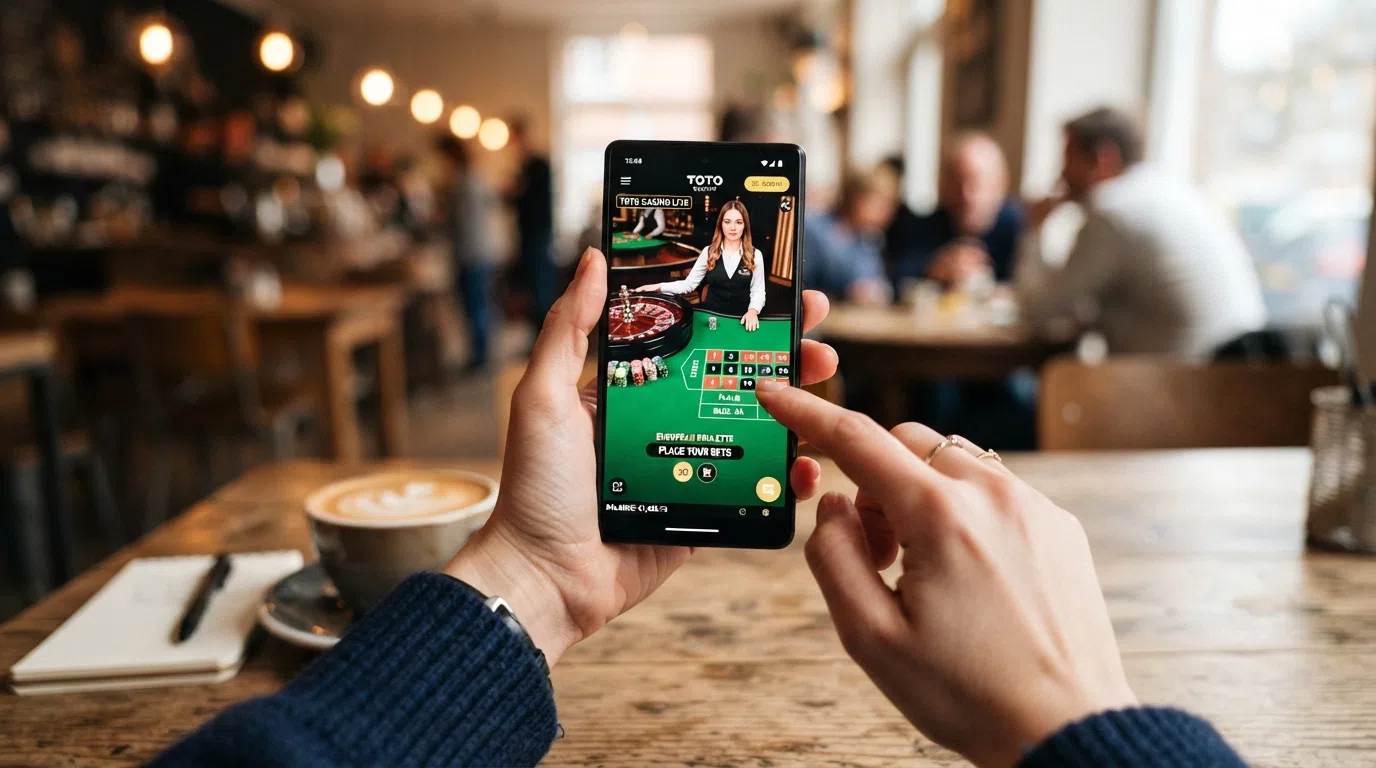 De Toto Casino-app op een iPhone met het live casino-scherm geopend, met zichtbare navigatiebalk voor casino, live en sport