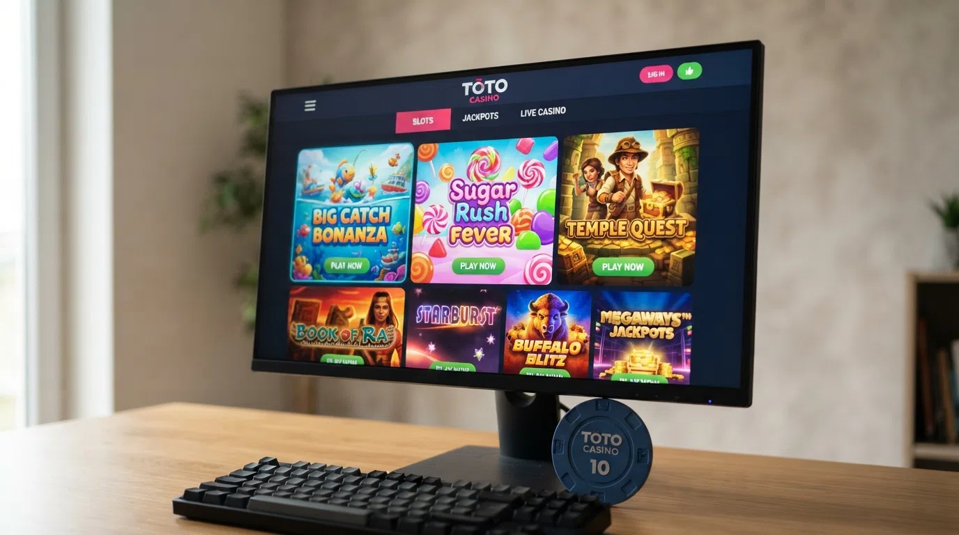 De spellobby van Toto Casino met tegels van Big Bass Bonanza, Sweet Bonanza en Book of Dead zichtbaar op een desktopscherm