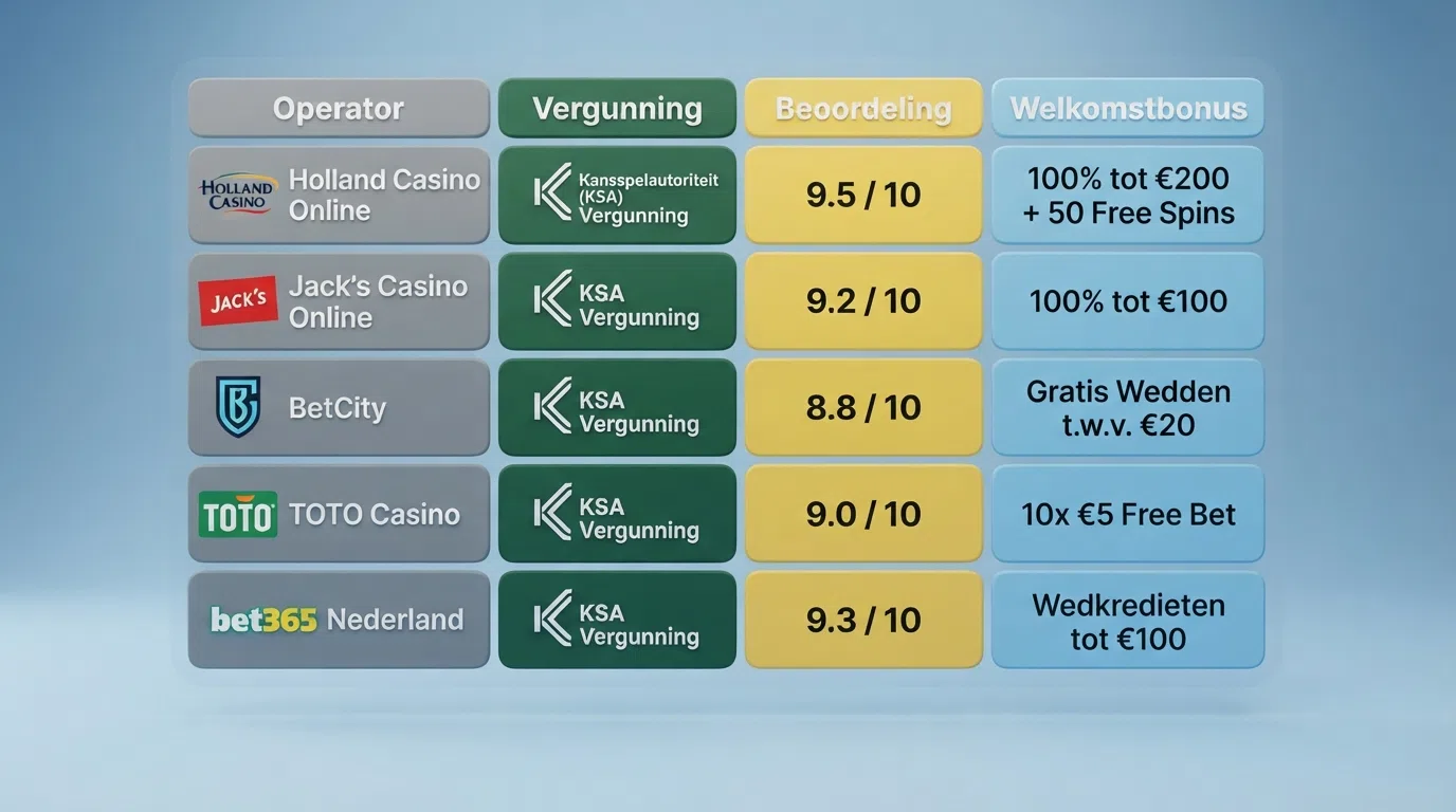 Overzicht van casinologo's gerangschikt in een vergelijkingsgrid met KSA-keurmerk en bonusindicatoren