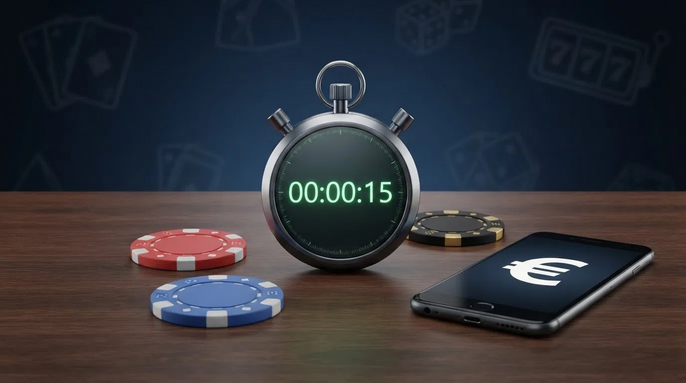 Stapel crypto-munten (Bitcoin, Ethereum, USDT) naast een stopwatch op een casino-achtergrond met uitbetalingssymbolen