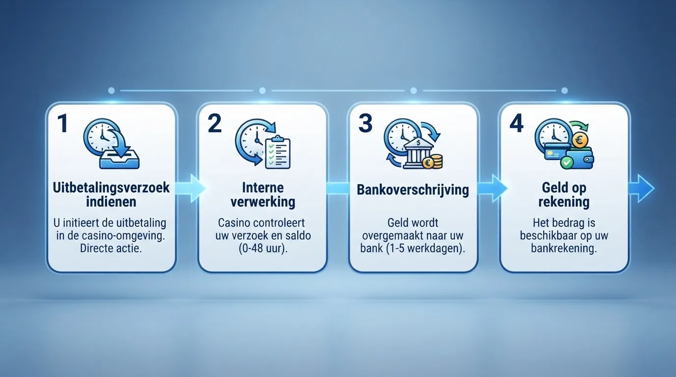 Alt: Een tijdlijn van vier stappen: uitbetalingsverzoek indienen, interne verwerking, bankoverschrijving, geld op rekening — met bij elke stap een klokicoon en een indicatie van minuten tot dagen