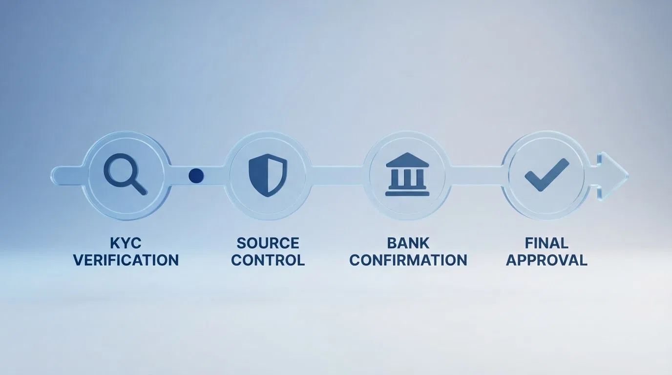 Een visuele weergave van de vier verborgen stappen in de uitbetalingsworkflow — KYC, broncontrole, bankbevestiging en finale goedkeuring — met de gemiddelde tijdsduur per stap.