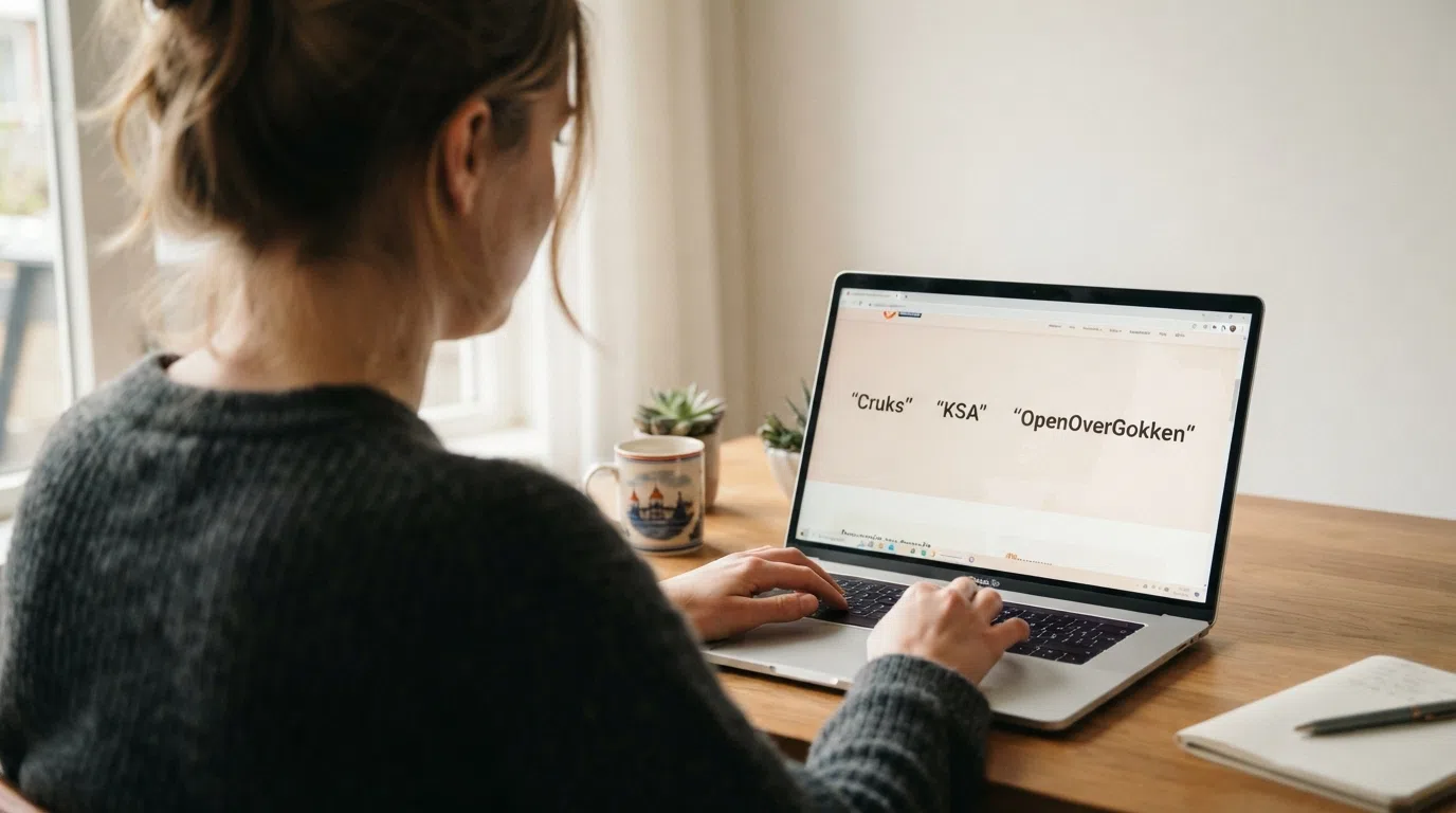 Een Nederlandse speler aan een laptop, op het scherm naast elkaar de logo's van Cruks, de KSA en OpenOverGokken — een veilige, gereguleerde speelomgeving met vangnet