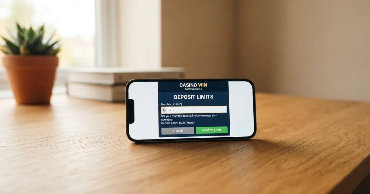 Een smartphone met een open online-casino-app; op het scherm staat een limietenscherm met een stortingslimiet