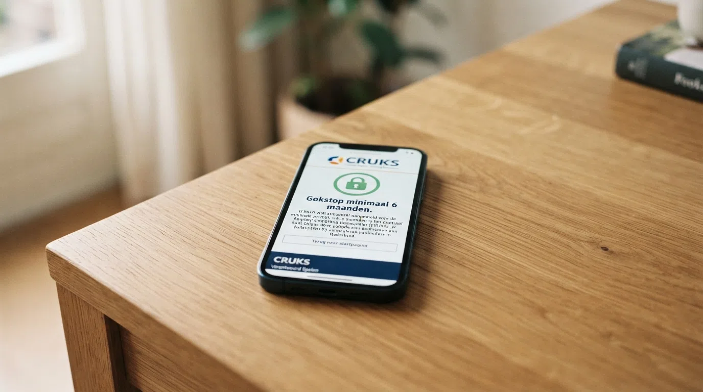 Een smartphone toont de CRUKS-zelfuitsluitingspagina met een slot-symbool en de tekst “Gokstop minimaal 6 maanden”