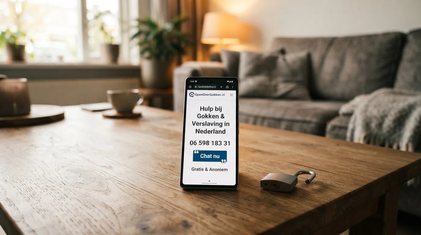 Het scherm van OpenOverGokken met telefoonnummer en chatfunctie, naast een slotje dat opengaat