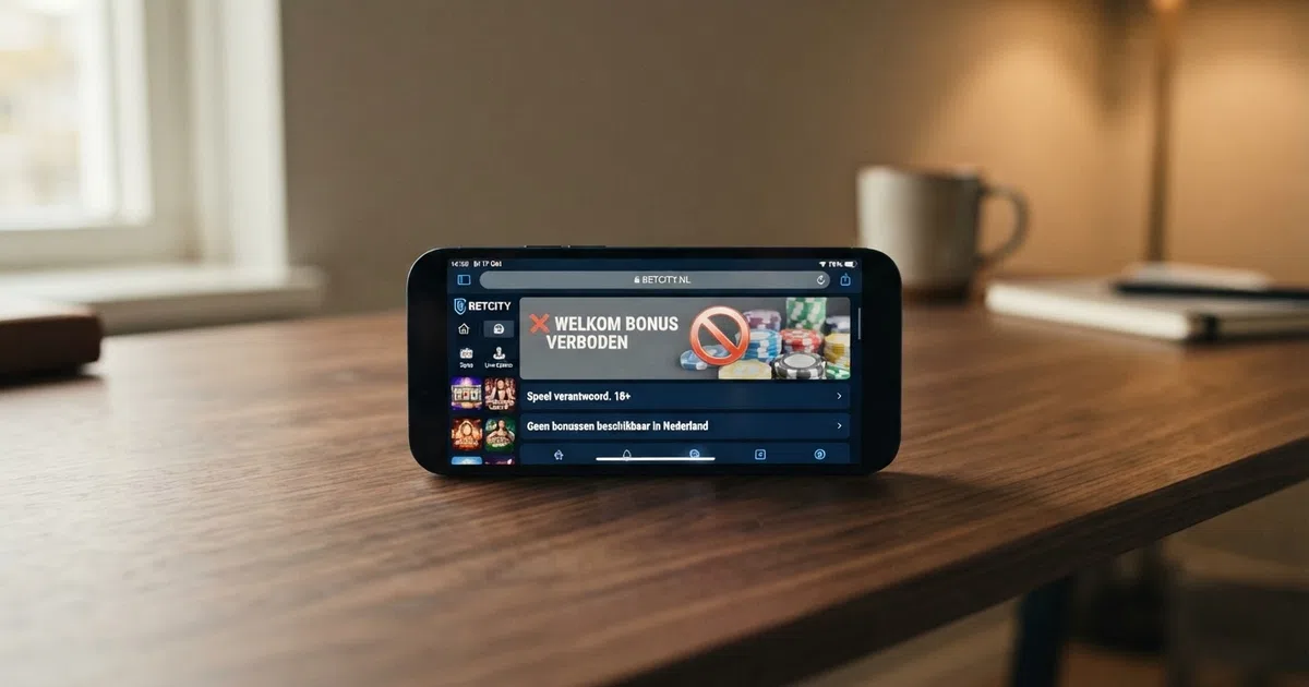 Een smartphone met een Nederlandse casino-interface, waarop een waarschuwingssymbool over een bonusbanner heen ligt.