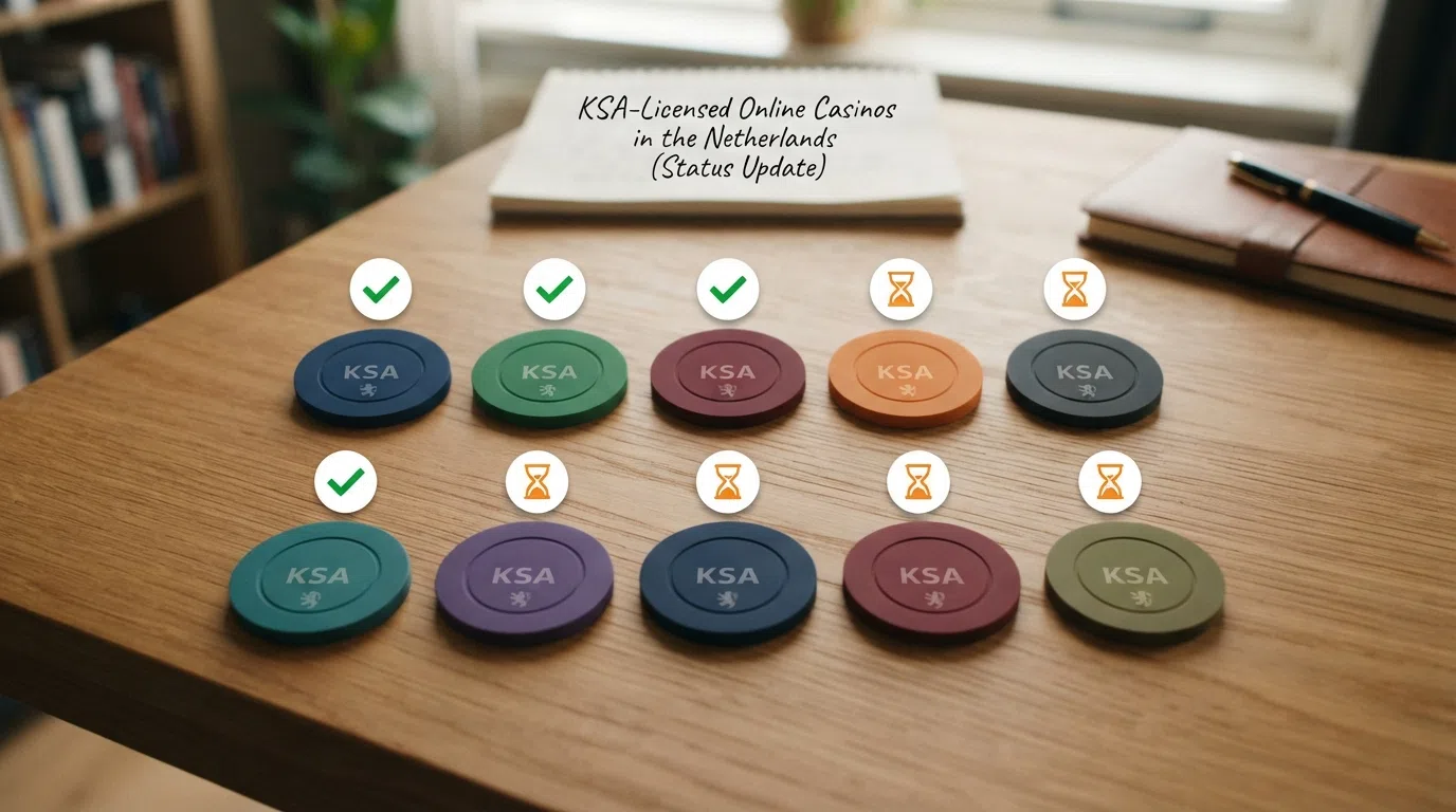 Rijen van tien casino-logo's met naast elk logo een statusbadge — groen vinkje voor verlengd of actief, oranje zandloper voor aflopend en niet bevestigd — gesorteerd op status