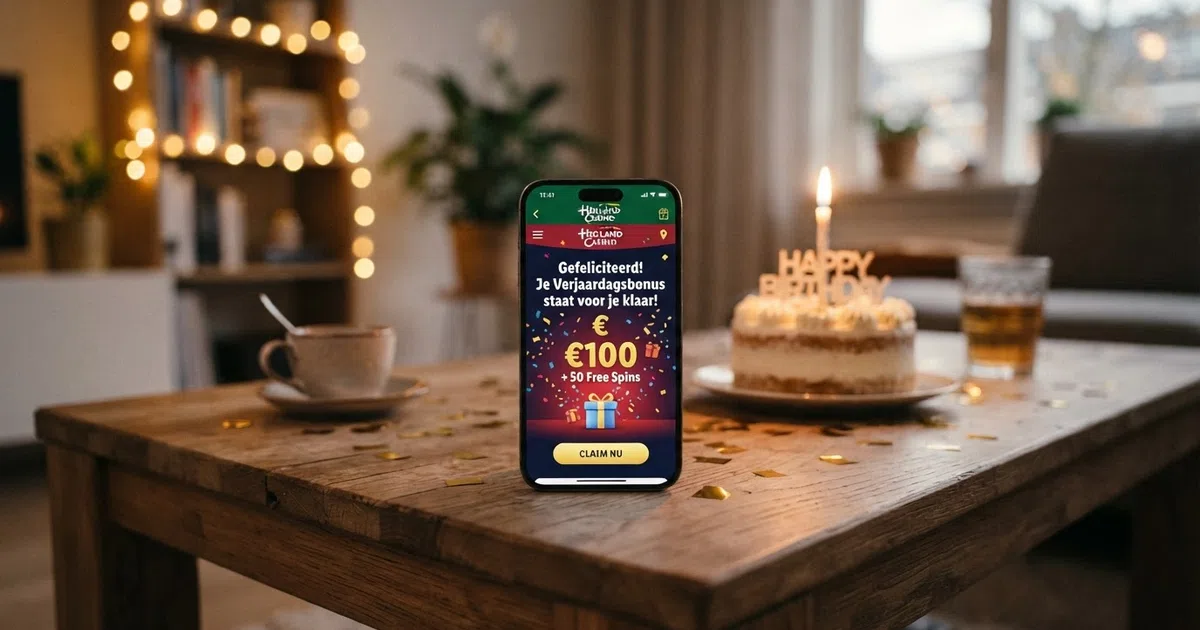 Een feestelijk vormgegeven online casino-startpagina met een uitgelichte verjaardagsbonus-banner, een verjaardagstaart-icoon en gouden slingers boven de gokkasten