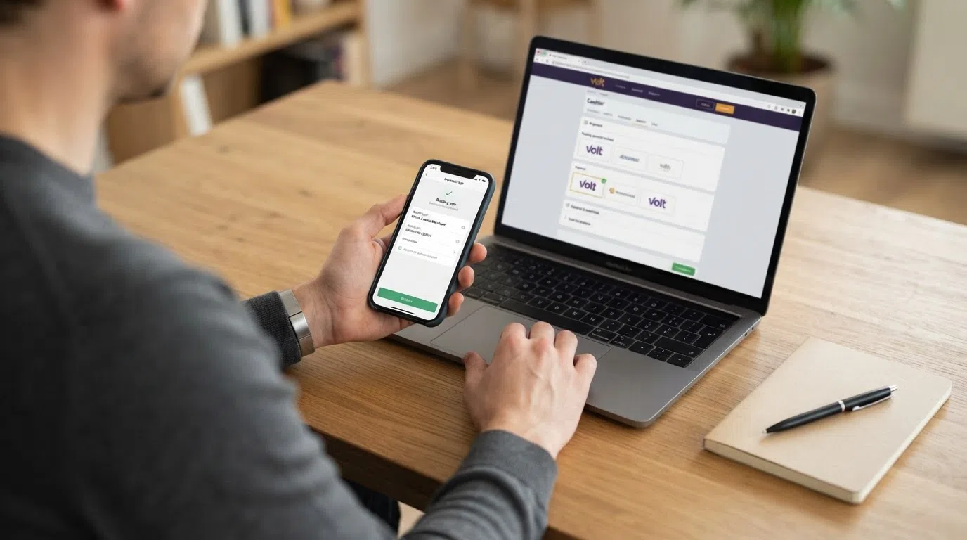 Het stappenplan voor een Volt-storting bij een online casino: account kiezen, Volt selecteren bij de kassa, inloggen op je bank en betalen